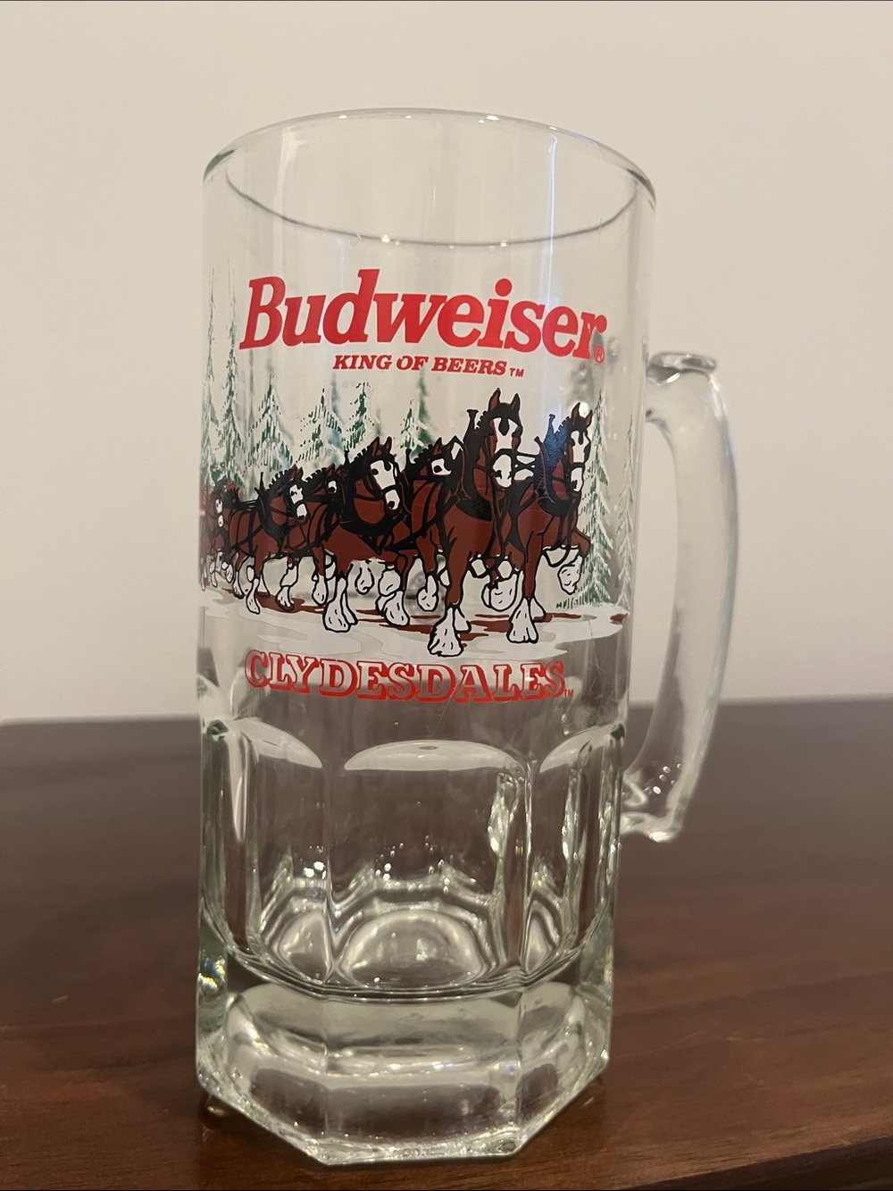 Budweiser Clydesdale Glass Stein with Christmas theme, 1989, 32oz, 8” tall, 3lbs